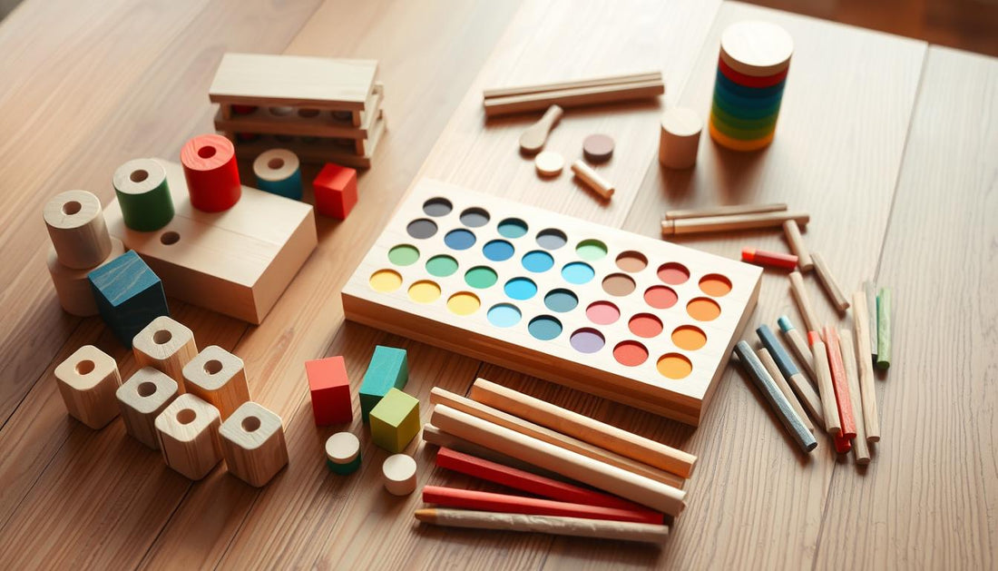Collection of wooden Montessori color toys arranged on a natural surface