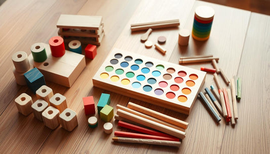 Collection of wooden Montessori color toys arranged on a natural surface