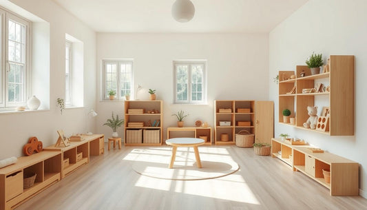 A simple, organized Montessori playroom with wooden shelves, natural materials, and a few carefully selected montessori playroom
