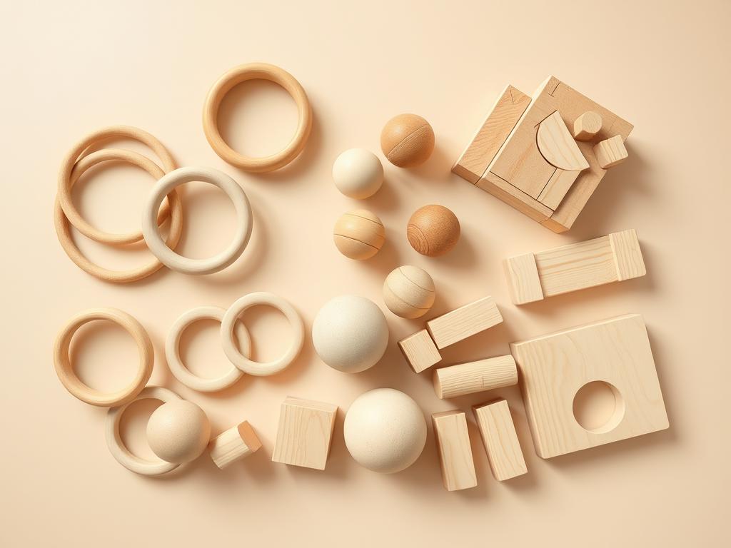 A collection of wooden Montessori toys arranged in a bundle including stacking rings, sensory balls, and building blocks