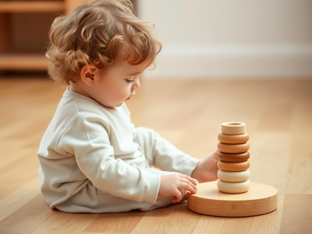 Toddler playing with wooden coordination stacking rings with focused expression