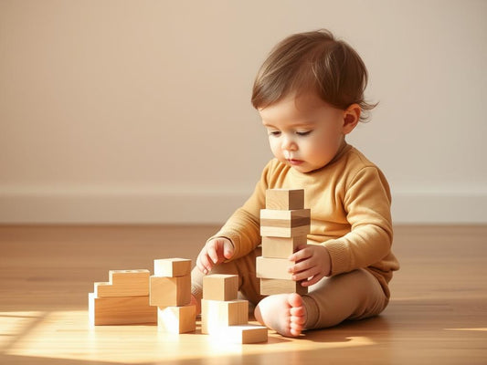 Toddler engaged with Montessori toys 18 24 months, developing fine motor skills through wooden stacking blocks
