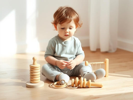 Toddler playing with wooden coordination toys in a calm, natural light setting