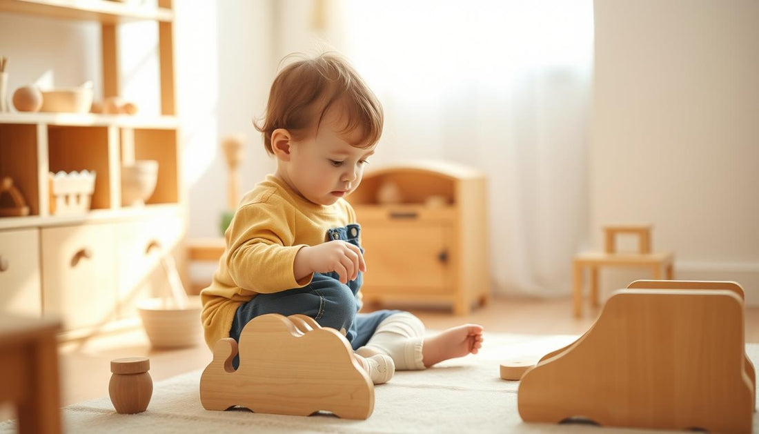 Child playing with wooden Montessori role play toys in a calm, natural setting
