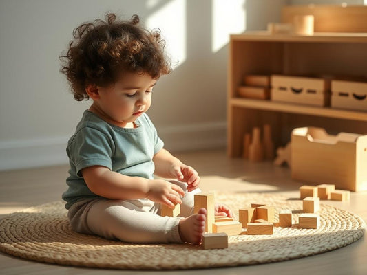 Toddler peacefully building with wooden blocks on a natural fiber mat