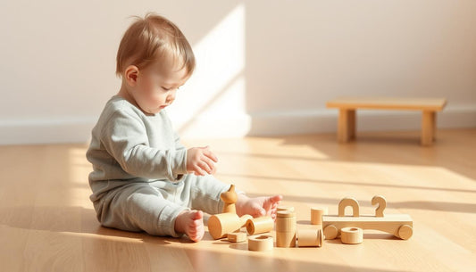Child playing with wooden hand eye coordination toys in a calm, natural setting