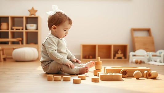Toddler exploring Montessori toys showing developmental milestones at 12-18 months