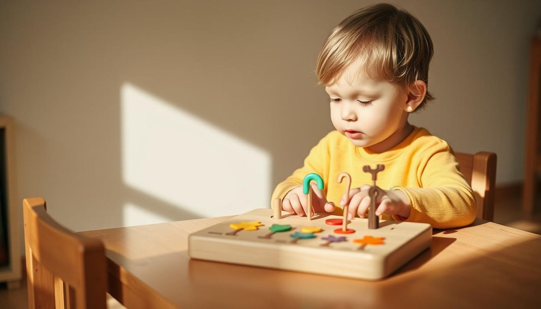 Child playing with wooden seasons learning toy showing all four seasons
