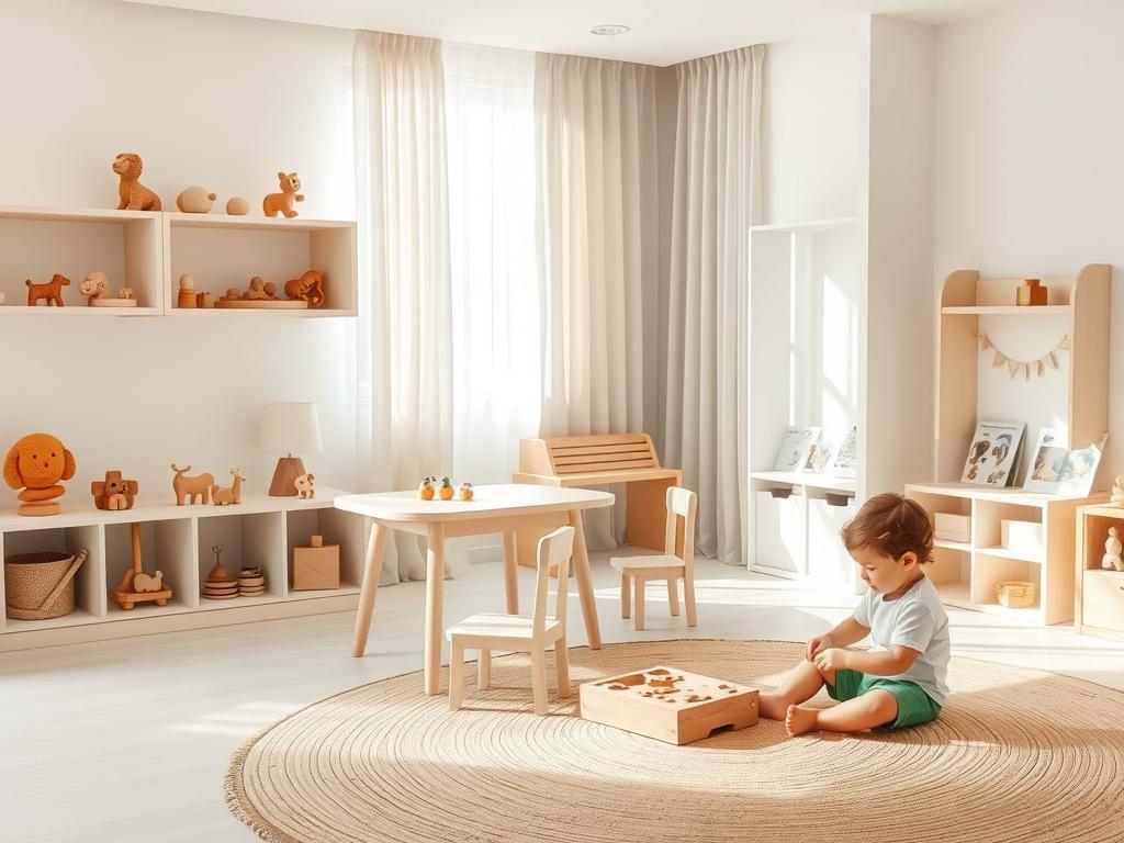 Montessori playroom ideas with low shelves, clear zones and accessible toys