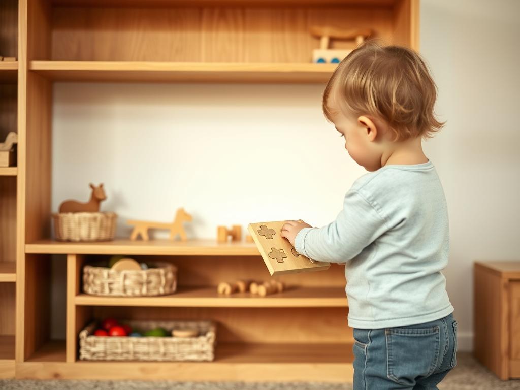 A child independently selecting a wooden puzzle from a well-organized Montessori shelf setup