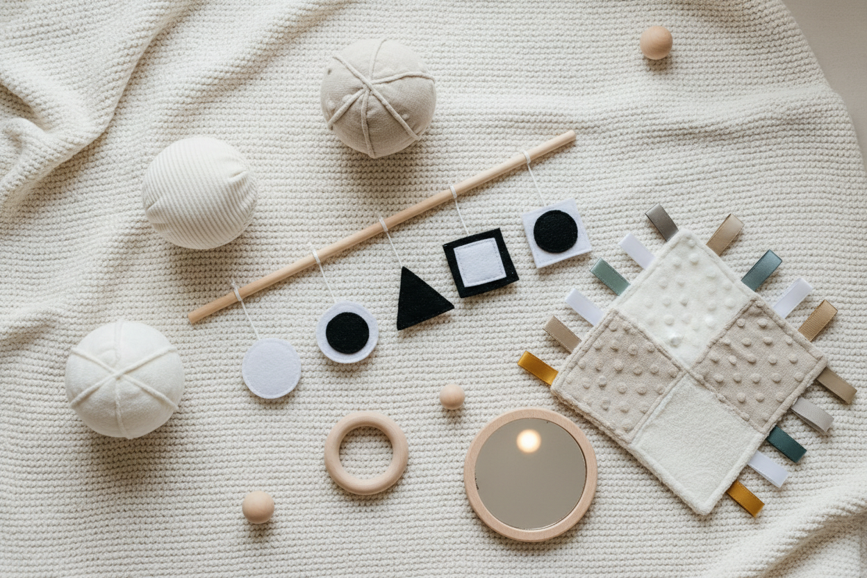 DIY Montessori toys for newborns with supervised high-contrast and sensory play