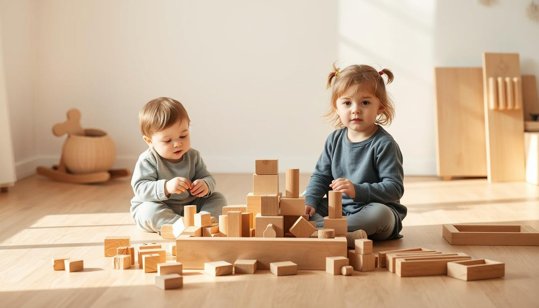 Two siblings of different ages playing together with wooden Montessori blocks and materials