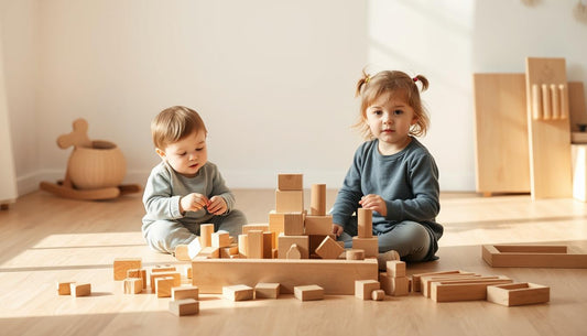 Two siblings of different ages playing together with wooden Montessori blocks and materials