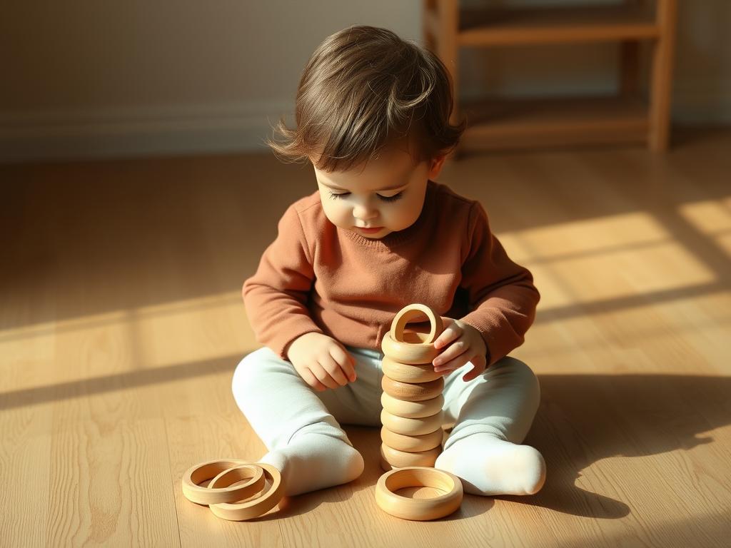 Child deeply focused while playing with wooden Montessori stacking rings
