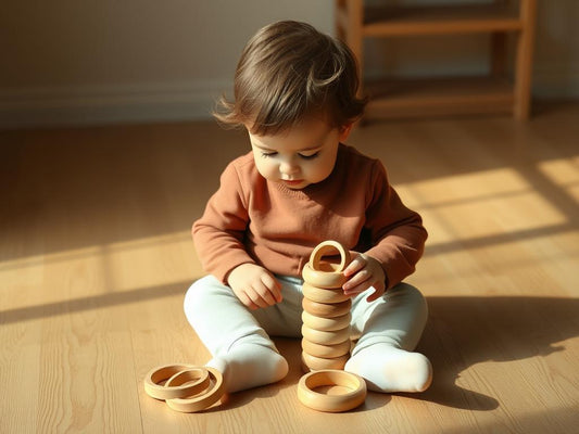 Child deeply focused while playing with wooden Montessori stacking rings
