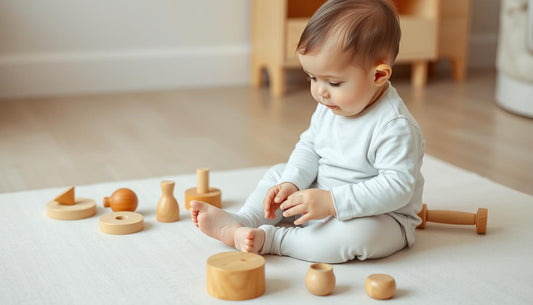 Baby exploring wooden Montessori toys on a natural play mat