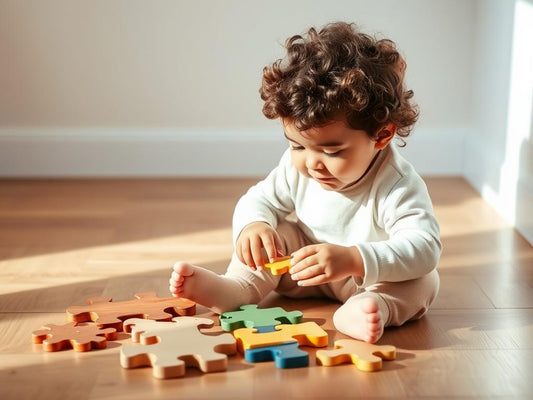 Toddler focused on completing a wooden animal puzzle