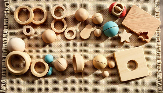 A collection of wooden nursery Montessori toys arranged on a natural fiber mat, including stacking rings, sensory balls, and sim