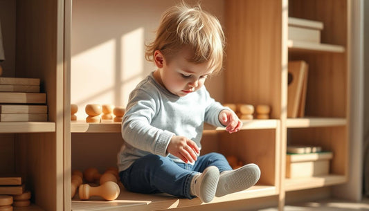 Child organizing Montessori wooden toys on a low shelf