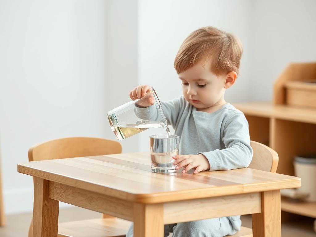 Child engaged in a DIY Montessori pouring activity with natural materials