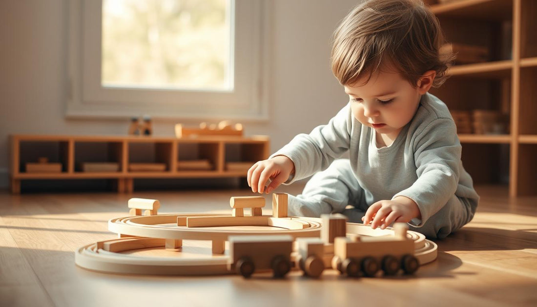 Toddler playing with wooden train set on floor with natural light