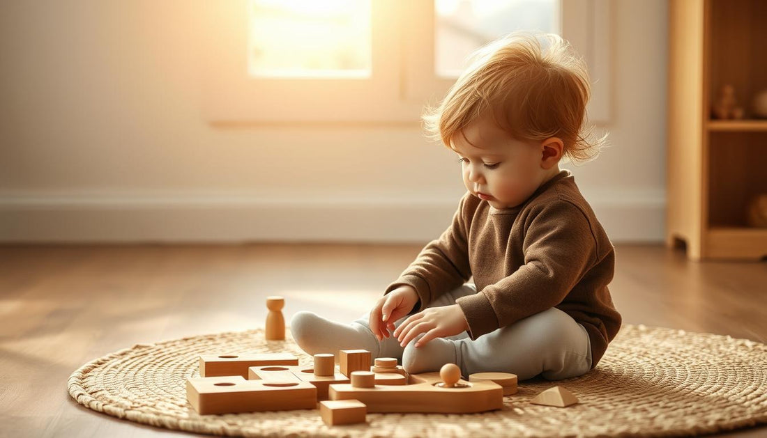 Toddler engaged with wooden speech development toys in a calm Montessori-inspired environment
