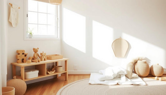 A peaceful Montessori nursery with natural wooden toys, a floor bed, and soft natural lighting showing montessori for new parent