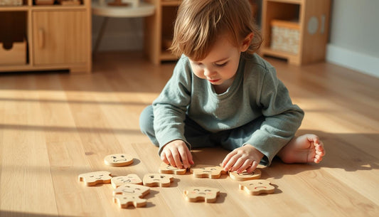 A child engaged with wooden emotional learning toys showing different facial expressions