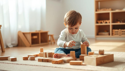 Child engaged in independent Montessori play with wooden materials, demonstrating montessori parenting principles