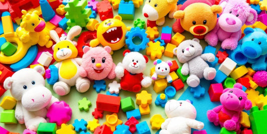 Colorful educational toys for toddlers on a play mat.