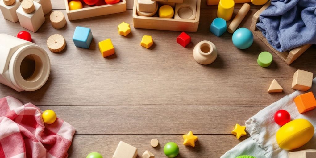 Montessori toys on a wooden surface for children.