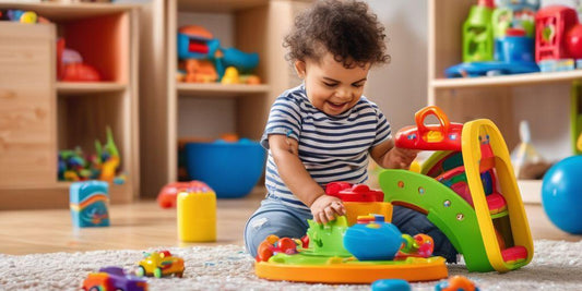 happy toddler playing with educational toys in a safe and colorful playroom