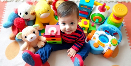 A variety of toys suitable for a one-year-old boy.