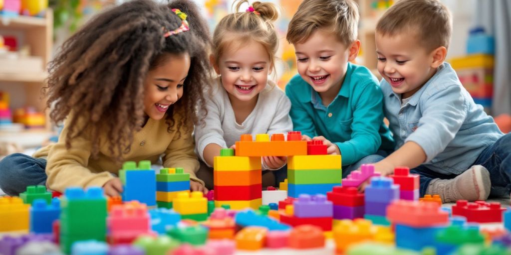 Children playing with colorful building blocks.