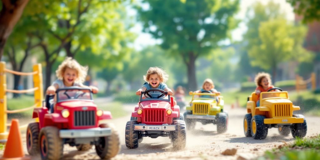 Kids riding colorful trucks in an outdoor adventure scene.
