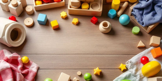 Montessori toys on a wooden surface for children.