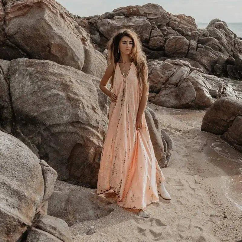 Women’s Sexy Sleeveless Necktie Maxi Dress – Boho Backless Summer Dress - Home Kartz