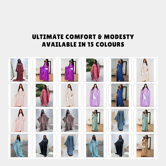 Satin Butterfly Abaya | Elegant Islamic Maxi Dress for Ramadan and Beyond | Available in 15 Colours - Home Kartz