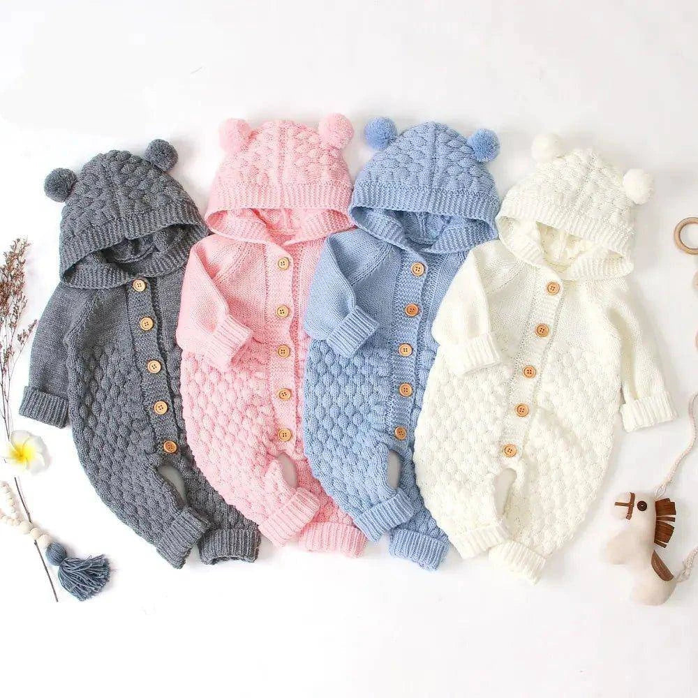 Cozy and Cute Bundle: Adorable Baby Romper with Bear Ear Knit Hood - Home Kartz