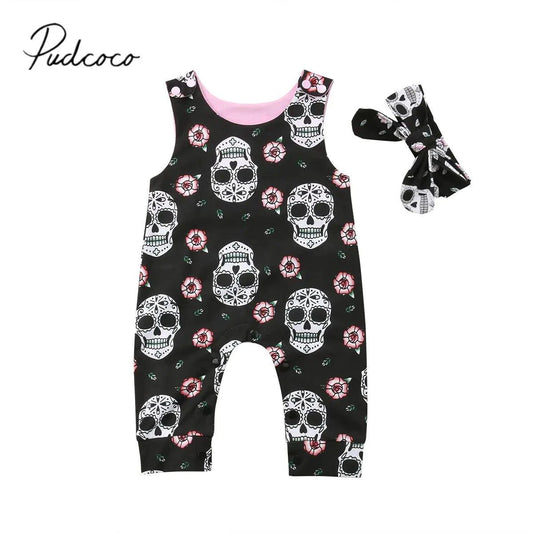 Spooktacular Style: Baby Girl Skull Romper Set for Halloween Fun - Home Kartz