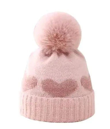 Baby Girl Winter Hat – Cozy Heart Pattern Beanie with Plush Pompom for Infants 0-12 Months - Home Kartz