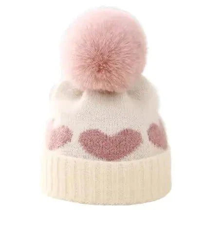 Baby Girl Winter Hat – Cozy Heart Pattern Beanie with Plush Pompom for Infants 0-12 Months - Home Kartz