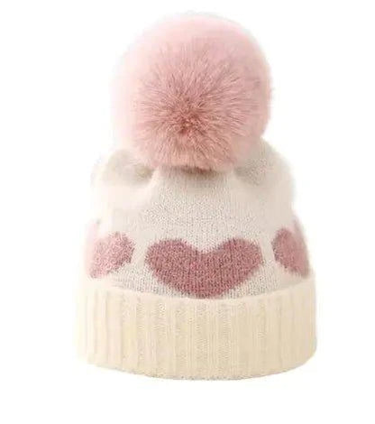 Baby Girl Winter Hat – Cozy Heart Pattern Beanie with Plush Pompom for Infants 0-12 Months - Home Kartz