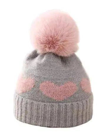 Baby Girl Winter Hat – Cozy Heart Pattern Beanie with Plush Pompom for Infants 0-12 Months - Home Kartz