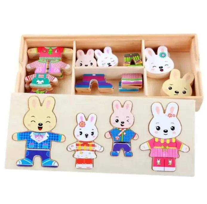 Wooden four rabbits changing clothes and dressing Puzzle for kids - Home Kartz