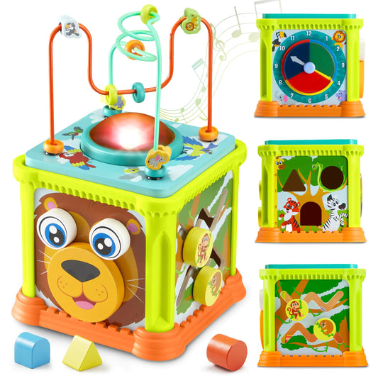 Jungle Journey: 5-in-1 Wooden Montessori Activity Cube with Music & Lights! 🦁🎵