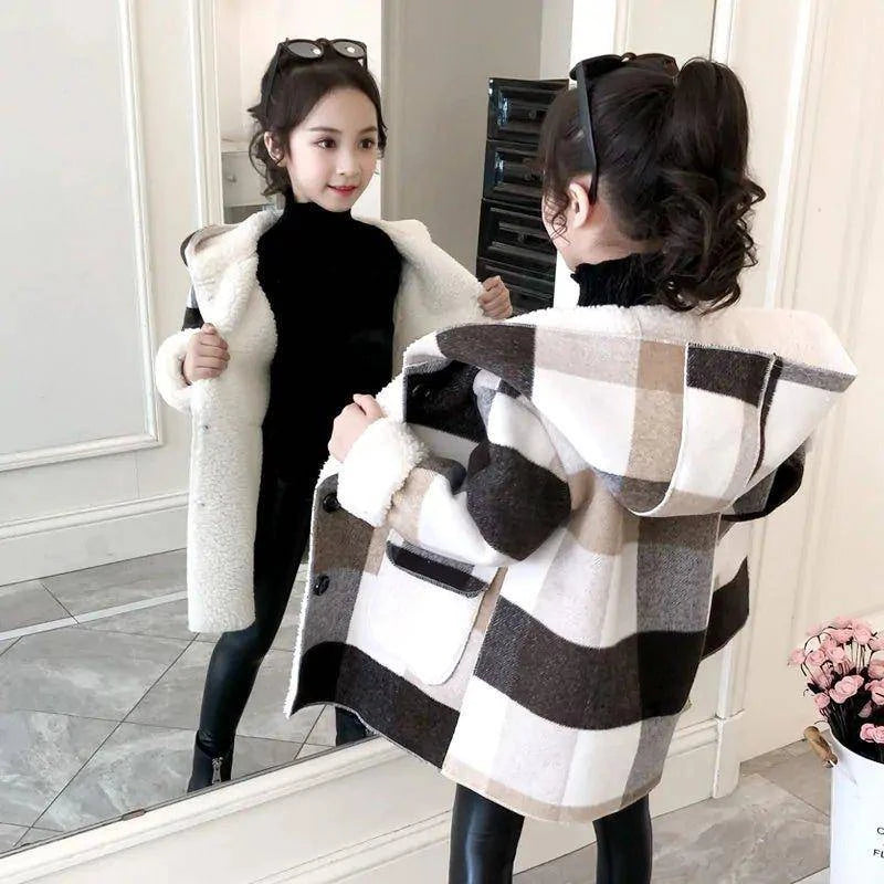 Stylish & Warm Girl's Plaid Thick Lamb Woolen Coat - Home Kartz