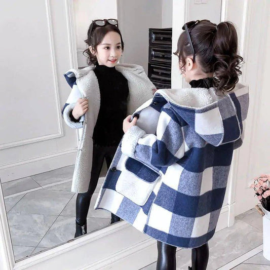 Stylish & Warm Girl's Plaid Thick Lamb Woolen Coat - Home Kartz