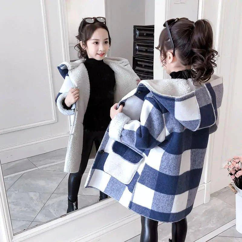 Stylish & Warm Girl's Plaid Thick Lamb Woolen Coat - Home Kartz