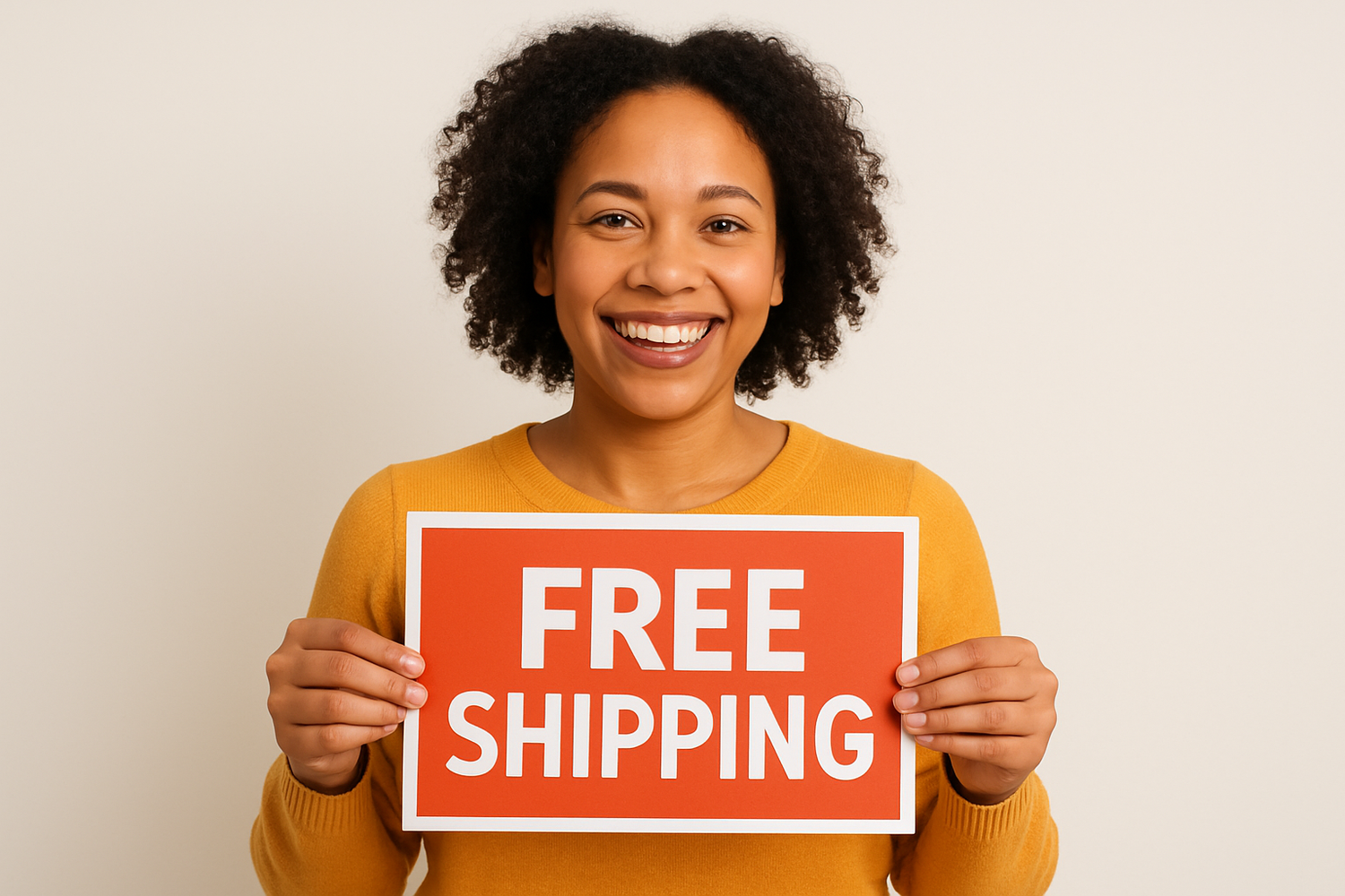 make image of a smiling lady holding free shipping board